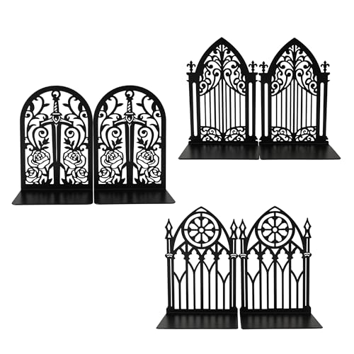 3Pairs Gothic Book Ends, Heavy Duty Metal Bookends for Shelves | Non Skid Metal Book Divider Decorative Holder, Abstract Art Desgin Book Stopper Supports for Office, Home - color: 3 Pairs Gothic Bookends