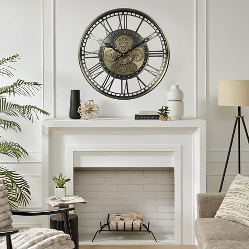 21" Metal Roman Numeral Wall Clock with Moving Gears, Gold | SIilent Non Ticking, Aluminum Dial, Unique Modern Wall Clocks for Living Room, Dinning Room, Entryway & Home Office - color: Roman Brass Gold, size: 21"