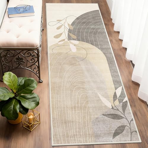 Washable Runner Rug 2x6 Area Rug Non Slip Mid Century Modern | Long Throw Carpet for Hallway Kitchen Bedroom Bedside Laundry Room Floor Boho Abstract Retro Geometric Neutral Beige - color: Beige（modern）, size: 2' x 6' (Rectangular)