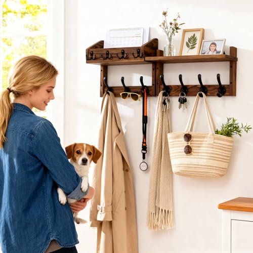 27" Wooden Wall Mounted Coat Rack with Shelf- 4-in-1 Entryway Organizer with 11 Hooks (7 Coat Hooks + 4 Key Hooks), Mail Holder & Display Shelf for Living Room, Bedroom (NOT Come Assembled)