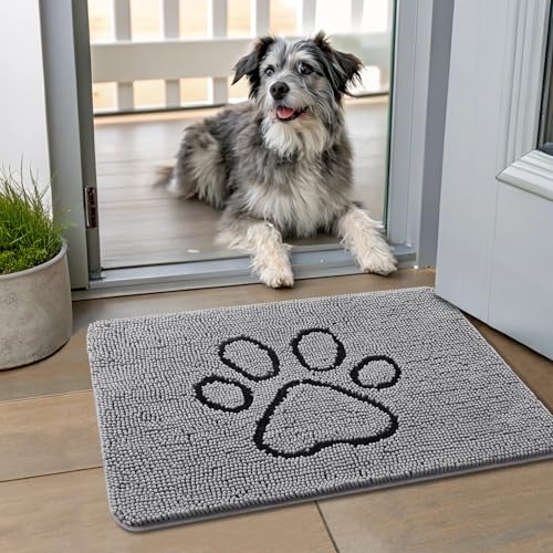 Smiry Dog Door Mat for Muddy Paws, Absorbent Non Slip Dirt Trapper, 24x16 | Grey and Black, Quick Dry Washable Chenille Mat for Mud Dogs, Entry Rug for Indoor and Outdoor - color: Grey and Black, size: 24"X16"