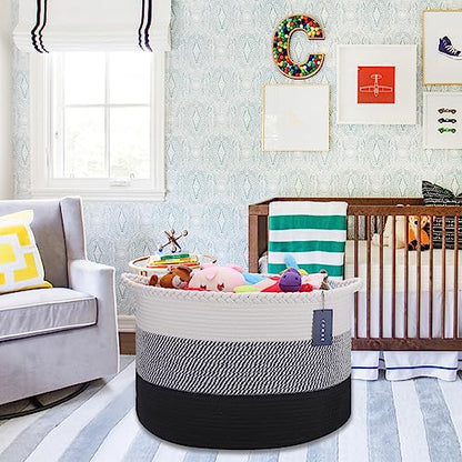 COMSE XXXLarge Woven Blanket & Laundry Basket, 87L, White &Gray &Black | 21.7"x 13.8", Cotton Rope, Nursery Hamper for Storage of Toys, Clothes & Towels, Ideal for Living Rooms, Bedrooms & Bathrooms - color: White & Gray & Black