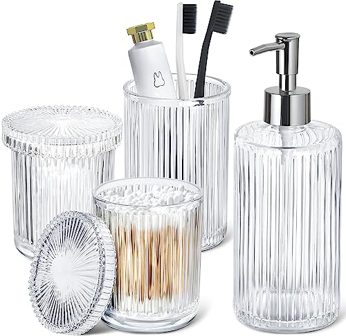 RYTOXILO Bathroom Accessories Set, 4 Pack Clear Glass Bath Accessory Sets Complete, Ribbed Soap Dispenser and Toothbrush Holder Set with 2 Qtip Holders, Modern Sliver Bathroom Counter Decor - color: Clear