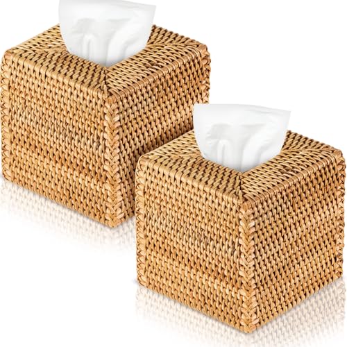 2 Pcs Square Rattan Tissue Box Cover Boho Wicker Tissue Cube Box Cover 5.5'' x 5.5'' x 5.5'' Decorative Natural Wicker Hand Woven Napkin Box Holder Bathroom Office Car Accessories (Wood) - color: Wood