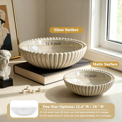 Large Resin Decorative Bowl 12 Inch, Fruit Bowl Sandstone Ruffle Key Bowl for Coffee Table Shallow Centerpiece Bowl Catch All Bowl for Kitchen Counter, Entryway, Living Room - size: 12 Inch