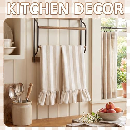 Brown Striped Kitchen Towels Set of 2, 100% Cotton Ruffled Striped Dish Towels 18"x31" Absorbent Tea Cloths Classic Pattern for Farmhouse Charm, Drying Dishes, Entertaining Guests - color: Brown