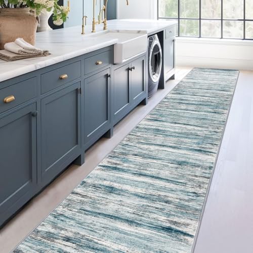 KOZYFLY Modern Abstract Hallway Runner Rug, 2.6x18 Washable Rug Runner Non-Slip Soft Striped Stair Runner Rugs, Print Blue Carpet Runner for Kitchen Entryway Bathroom Laundry Room Foyer - color: Blue, size: 2'8" x 18' (Runner)