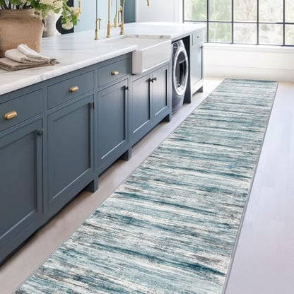 KOZYFLY Modern Abstract Hallway Runner Rug, 2.6x18 Washable Rug Runner Non-Slip Soft Striped Stair Runner Rugs, Print Blue Carpet Runner for Kitchen Entryway Bathroom Laundry Room Foyer - color: Blue, size: 2'8" x 18' (Runner)