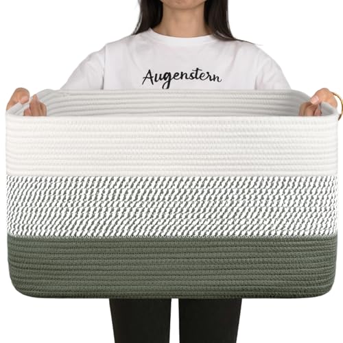OIAHOMY Blanket Basket Laundry Basket Dog Toy Basket 75L Green/White | Large Storage Basket,Baby Basket,Toy Storage,Woven Rope Basket for Blankets,Blanket Storage for Living Room - color: Green/White, size: 22”x17”x12”
