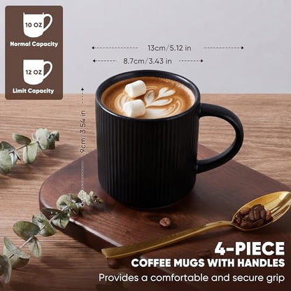 E-far Coffee Mugs Set of 4, 12 oz Stoneware Coffee Cups with Handle for Latte, Tea, Cocoa, Milk, Modern Ribbed Ceramic Mugs for Man Woman, Microwave & Dishwasher Safe, Matte Black - color: Matte Black