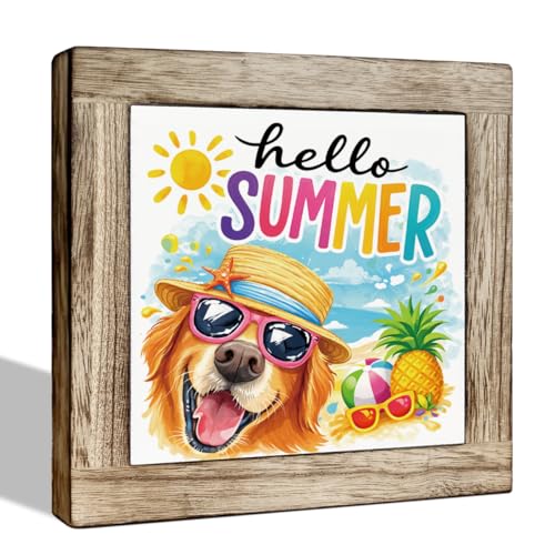 Hello Summer Wooden Sign, Rustic Plaque, Dog with Sunglasses and Sun Hat Beach Decor for Yard, Porch, and Patio – Seasonal Farmhouse Outdoor Decoration - color: Summer 16