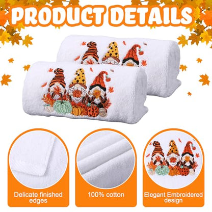 WovWeave 2 Pack Thanksgiving Gnomes Bathroom Hand Towels 100% Cotton Embroidery 14 x 29 in Gnome Bath Hand Towels Bathroom Set Decorations Fall Thanksgiving Dish Fingertip Cloth Holiday Kitchen Decor