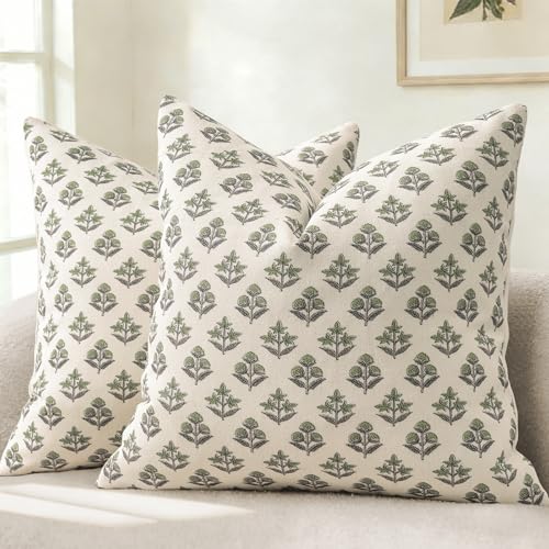 YCOLL Farmhouse Floral Pillow Covers 18x18 Set of 2, Rustic Country Decorative Cushion Covers Vintage Throw Pillow Covers for Sofa Couch Bed Living Room Home Decor, Sage Green - color: Sage Green, size: 18" x 18" (Pack of 2)