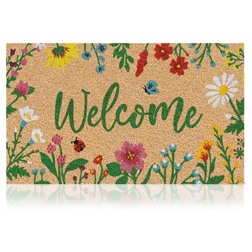 Coir Welcome Mat, Non-Slip, Floral, 17 x 29 in | 100% Natural Coir, Anti-Shedding, Durable PVC Backing, Traps Dirt and Mud, Indoor and Outdoor Entryway, Easy to Clean - color: Floral, size: 2'5" x 1'5" (Rectangular)
