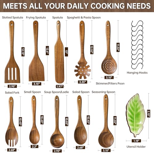 11 PCS Natural Acacia Wooden Utensil Set Wooden Spoons for Cooking | Non-Toxic, Nonstick Friendly, Sturdy & Easy to Clean, With Ceramic Spoon Rest & 10 Hooks, Ideal Housewarming Gift - size: 11 PCS SET