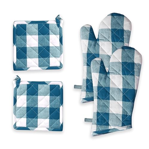 Oven Mitt & Pot Holder Buffalo Plaid Check 100% Cotton Heat Resistant Oven Gloves (7"x13") & Hot Pads (8"x8") Combo for Baking, Cooking - Teal - color: Teal Green, Buffalo Plaid