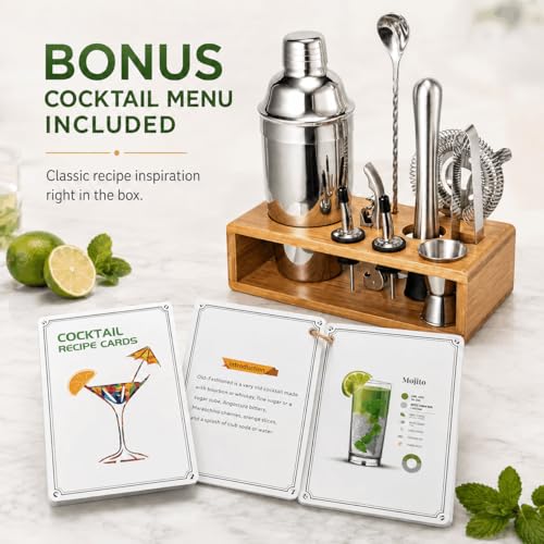 Cocktail Shaker Set, 18/8 Food-Grade Stainless Steel Mixology Bartender Kit 10-Piece Bar Tools with Stylish Bamboo Stand - Rust-Proof & Dishwasher Safe - Professional Martini Shaker Gift for Men, Dad