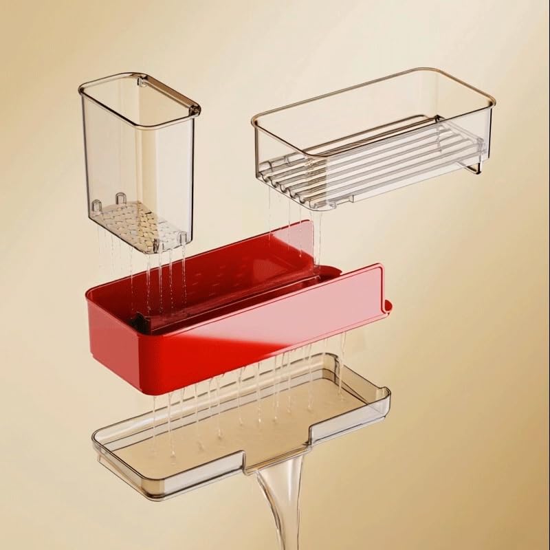 Expandable Kitchen Sink Caddy 25-38cm, 360° Rotating Sponge Holder & Brush | Red, large, stretchable 25-38cm. Side brush holder, triple drainage, rust-proof. Ideal for sponge & kitchen sink accessories. - color: Red