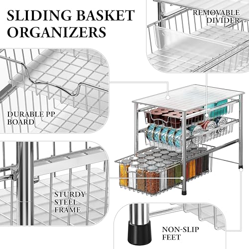 Simple Houseware Stackable 3 Tier Sliding Basket Organizer Drawer, Chrome - color: Chrome, size: 3-tier