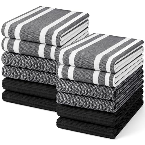 Homaxy Cotton 380 GSM Premium Kitchen Towels, 18"x 28", 12 Pack, Black | Soft and Absorbent Terry Dish Towels, Multipurpose Tea Towel Set with Hanging Loop, 3 Styles Kitchen Hand Towels - color: Black, size: 18" X 28" - 12 Pack