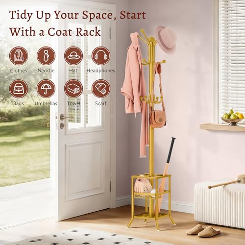 FAVOOSTY Coat Rack Freestanding,Coat Rack Stand with Umbrella Holder,Metal Coat Tree with 12 Hooks,Tree Clothes Hat for Entryway, Hallway, Bedroom, Living Room & Office -Glod - color: Gold