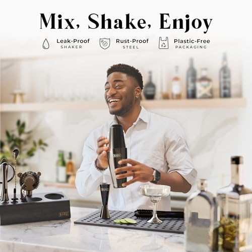 BARE BARREL® Mixology Bartender Kit Bar Set | 14-Piece Cocktail Shaker Set | Martini Barware Mixing Tools for Home Bartending | Incl. 35 Recipe Cards | Gift Set (28oz Boston Shaker, Jet Black/Black) - color: Jet Black/Black