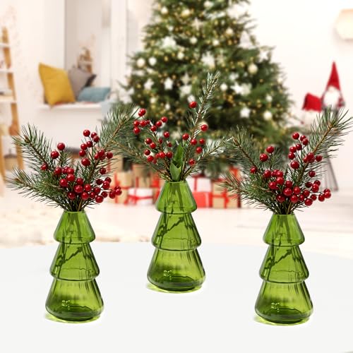 XXXFLOWER 3Pcs Tree-Shaped Glass Planter Christmas Tree Decorations for Tabletop Hydroponics Home Office Garden Green Propagation Station Vase for Flowers Gifts for Plant Lovers（Plant NOT Included） - size: 3 Green Tree