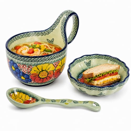 3 Piece Hand Painted Loop Handle Soup Bowl, Plate and Spoon Set,13.37oz Ceramic Cereal Cup for Coffee,Floral Bowl Set for Soup Snack Ice Cream Stew Microwave Dishwasher Safe (Forest Green) - color: Forest Green