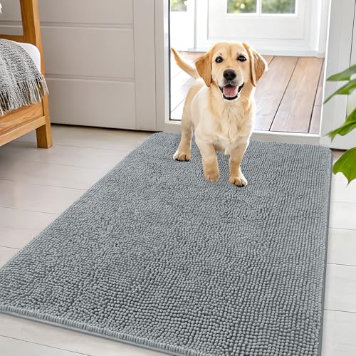 OLANLY Dog Door Mat for Muddy Paws 44x32, Super Absorbent Chenille Mud Mat | Grey, Absorbs Moisture and Dirt, Non-Slip Machine Washable Doormat, Quick-Drying Indoor Entryway Floor Carpet for Dogs - color: Grey, size: 44" X 32"