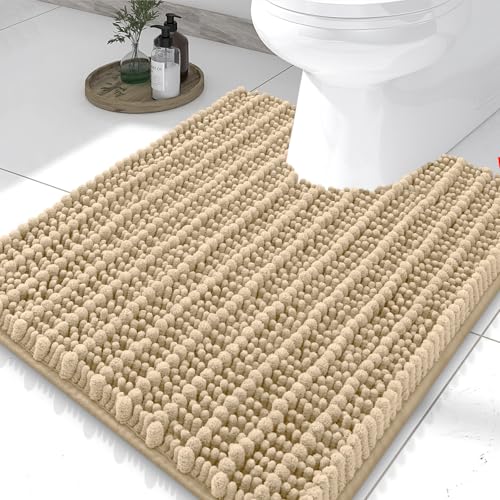 Smiry Bathroom Toilet Rugs U Shaped 24X20, Chenille Bath mats for Toilet | Beige Extra Soft Absorbent Non Slip Rubber Backing Contour Bath Rugs for Toilet, Machine Washable Contoured Bath Mats - color: Beige, size: 24'' X 20''