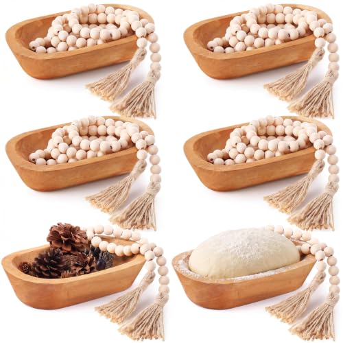 LemonRoad 12 Pcs Wooden Dough Bowl Making Wood Table Centerpiece Decorations Beads String with Tassel Decorative Bowl Natural Rustic Filler Tray Farmhouse Dining Kitchen(Caramel,Short) - color: Caramel, style: Short