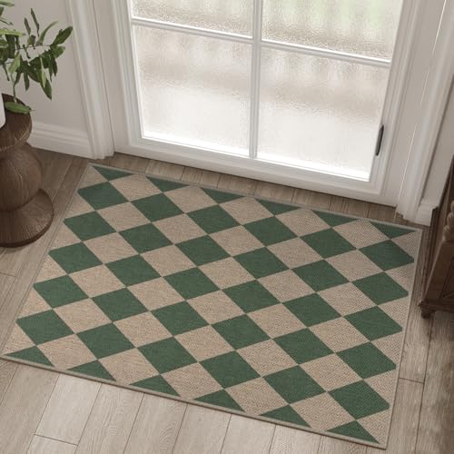 Easy Jute Checkered Entryway Rug, 2x3 Green Modern Indoor Outdoor Doormat, Washable Non-Slip Neutral Small Kitchen Rug Farmhouse Diamond Throw Rugs for Entrance Bedroom Bathroom - color: Green Checkered, size: 2' x 3' (Rectangular)
