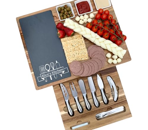 Luxury Acacia Charcuterie Board Gift Set – Engraved Slate Cheese Board with Utensils – Personalized Wedding, Anniversary & Holiday Gift - color: Design #43