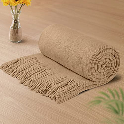 Vonty Light Brown Knitted Blanket with Tassels Fringe 50" x 60", Super Soft Knit Throw Blanket, Farmhouse Decorative Lightweight Blanket for Couch, Sofa, Bed | Super Soft And Lightweight, Year-Round Cozy Warmth, Farmhouse Decorative Style, Machine Washabl