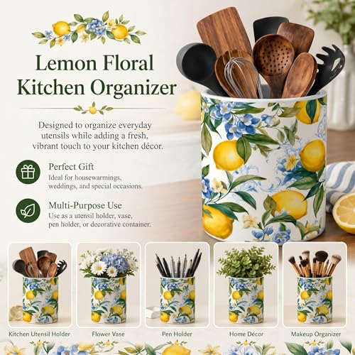 Lemon Ceramic Utensil Holder 6.3 Inch Rustic Kitchen Crock Summer Lemon Floral Design Countertop Storage Organizer for Spatula and Spoon Home Cooking Unique Gift Idea - style: Lemon