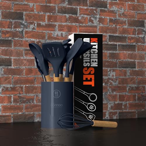 oannao Silicone Cooking Utensils Set - 446°F Heat Resistant Silicone Kitchen Utensils for Cooking,Kitchen Utensil Spatula Set w Wooden Handles, BPA FREE Gadgets for Non-Stick Cookware (Navy Blue) - color: Navy Blue
