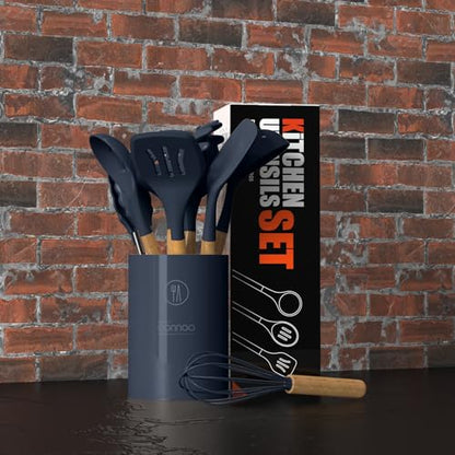 oannao Silicone Cooking Utensils Set - 446°F Heat Resistant Silicone Kitchen Utensils for Cooking,Kitchen Utensil Spatula Set w Wooden Handles, BPA FREE Gadgets for Non-Stick Cookware (Navy Blue) - color: Navy Blue