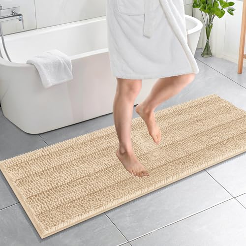 OLANLY Thick Bathroom Runner Rugs 59x20, Chenille Long Bath Rugs, Beige | Soft Absorbent Striped, Rubber Backing, Machine Wash, Bath Mats for Bathroom Floor, Tub and Shower, Home Decor Accessories - color: Beige, size: 59" X 20"