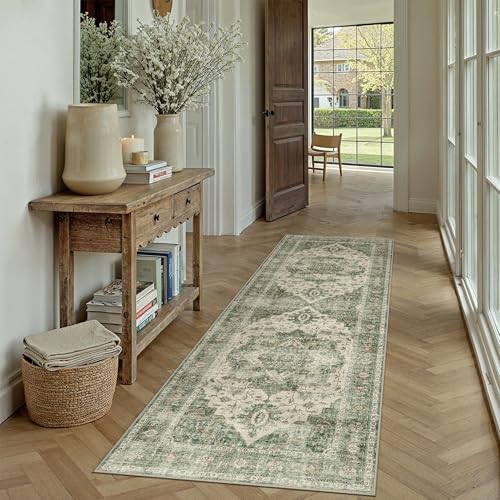 2x6 Green Retro Floral Washable Runner Rug for Hallway | Low Pile, Non Slip, Vintage Distressed, Soft Hallway Runner Rug for Kitchen, Entryway, Laundry Room, Home Decor - color: B| Green, size: 2' x 6' (Runner)