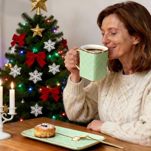 Zubebe 2 Set Coffee Mug Elegant Handbag Shaped Cup Modern Ceramic Purse Mug with Spoon and Saucer, 10oz Cute Creative Tea Cup for Woman Girls Gift (Light Green,Pink) - color: Light Green,Pink