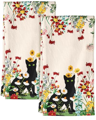 150GSM Flour Sack Kitchen Towels Set of 2, Flower Cats | 18"x26", Lightweight, Lint-Free, Pure Cotton, Decorative, with Hanging Loop, Absorbent, Softer after Wash, Giftable Package - color: Flower Cats