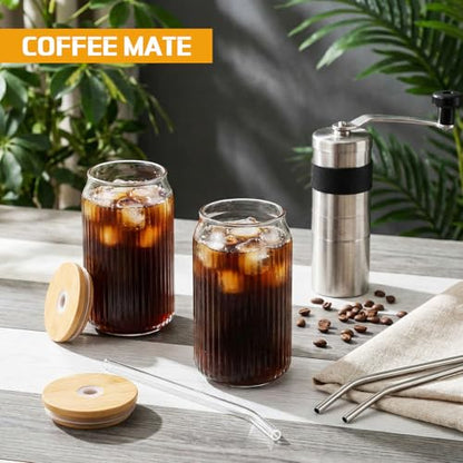8 Pcs Fluted Glass Tumblers with Bamboo Lids and Straws 16oz Ribbed Can Drinking Glasses Beer Shaped Glasses Coffee Cups for Iced Coffee Cocktail Beer Tea Water Whiskey