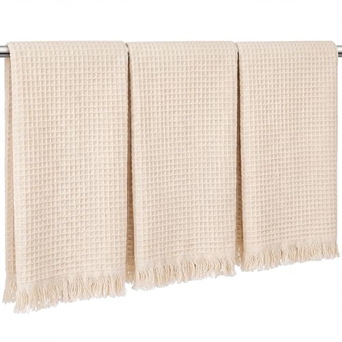 3 Pcs Waffle Kitchen Towels with Tassels Beige Absorbent 100% Cotton Turkish Dish Towels Decorative Boho Farmhouse for Drying Dishes & Home Decoration, 17.7 x 27.6inch