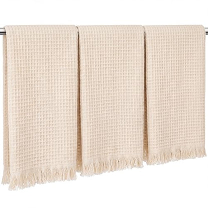 3 Pcs Waffle Kitchen Towels with Tassels Beige Absorbent 100% Cotton Turkish Dish Towels Decorative Boho Farmhouse for Drying Dishes & Home Decoration, 17.7 x 27.6inch