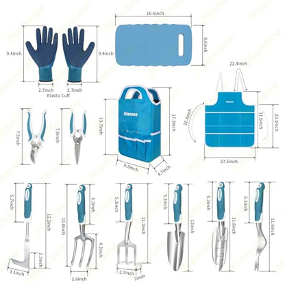 Blue Garden Tools Set 12-Piece, Gardening Gifts for Women Men | Aluminum Gardening Hand Tool with Non-Slip Handle, Kneeling Pad, Apron, Gloves and Organizer Handbag, Landscaping Tools - color: blue