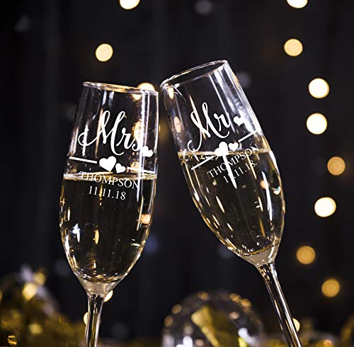 Mr and Mrs Wedding Toasting Champagne Flutes, Set of 2, Laser engraved Tosting Flutes Engraved Personalized Glasses for Bride and Groom - color: Wedding-13, style: Only Glasses