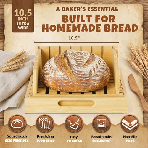 10.5" Extra Wide Bamboo Bread Slicer Guide with Crumb Catcher Board - Premium Wood Cutter & Serving Tray for Homemade Artisan Loaves, Kitchen Gadget Gifts for Bakers