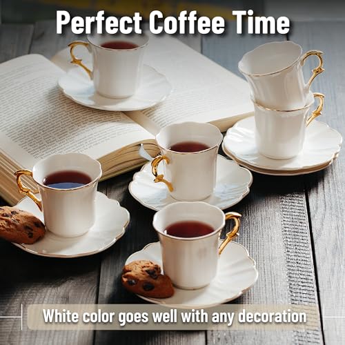 BTaT- Porcelain Espresso Cups Set, 3 oz, 12 Set, Small Coffee Mugs | Elegant White Cups Saucers Gold Trim Espresso Set Greek Arabic Turkish Coffee Gift Use - color: White, size: Set of 12
