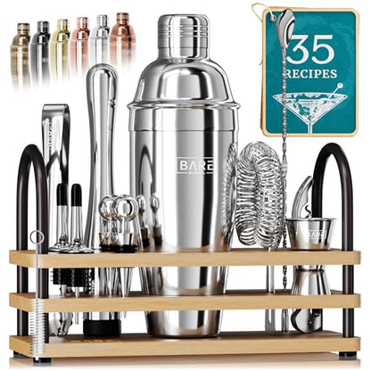 BARE BARREL® Mixology Bartender Kit Bar Set | 14-Piece Cocktail Shaker Set | Martini Barware Mixing Tools for Home Bartending | 35 Recipe Cards | Gift Set (24oz Cobbler Shaker, Silver/Natural) - color: Silver/Natural