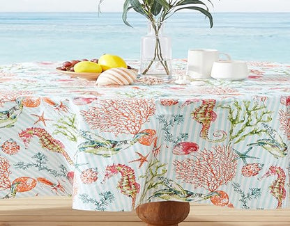 Newbridge Vinyl Oval Tablecloth with Flannel Backing, 60 x 84 Inch, Neponsit Sea Life, Waterproof, Soil Resistant Dining Room, Party and Banquet Table Cover, Starfish, Seahorses and Coral, Blue - size: 84" x 60" (Oval)